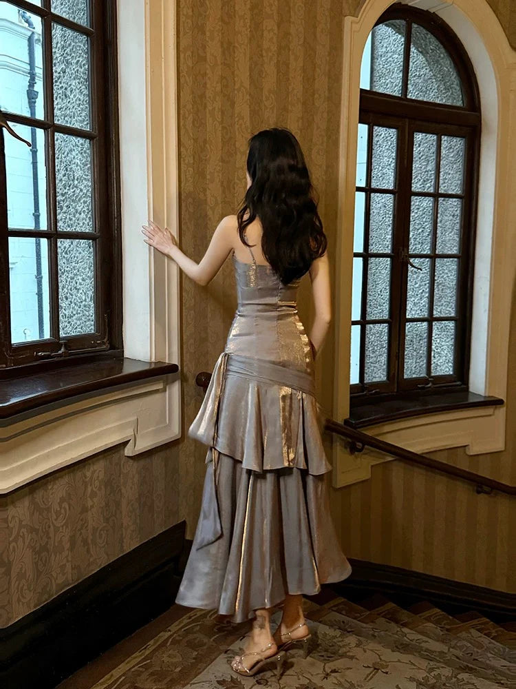 Weitese Dress Retro Mermaid Spaghetti Straps Gray Long Length Evening Dress Prom Dresses